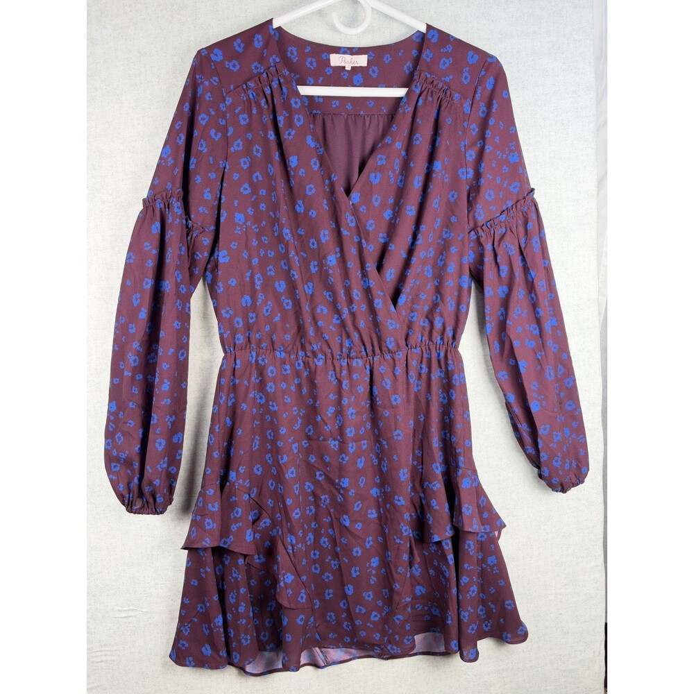 Parker Womens Cobalt Purple Animal Print Mini Dress Long Sleeve Size Small